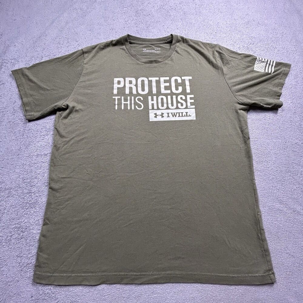 Under Armour Freedom T Shirt Mens Large Green HeatGear Protect This House USA L